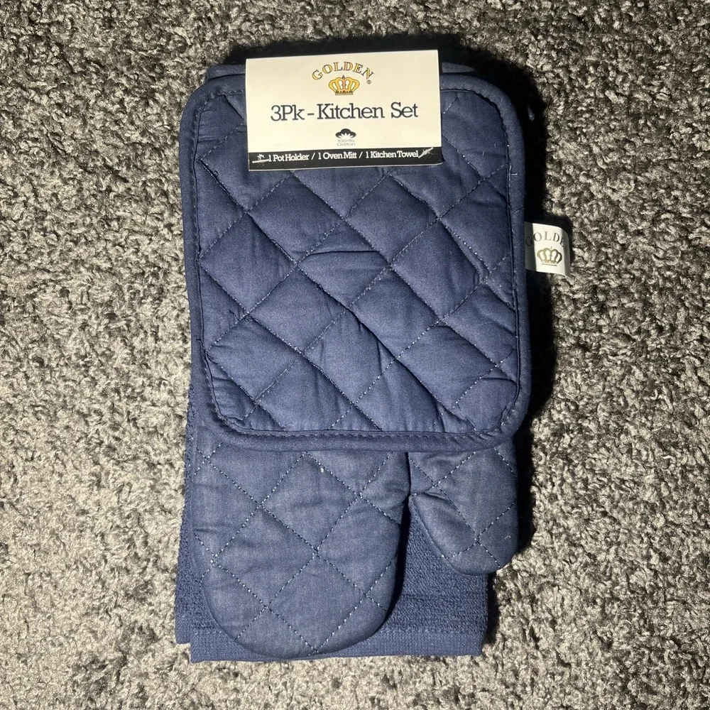 Golden 3 Piece Kitchen Set Oven Mitt , Pot‎ Holder & Towel Navy blue Brand new